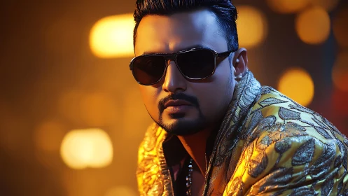 Man wearing sunglasses in gold patterned jacket portrait.