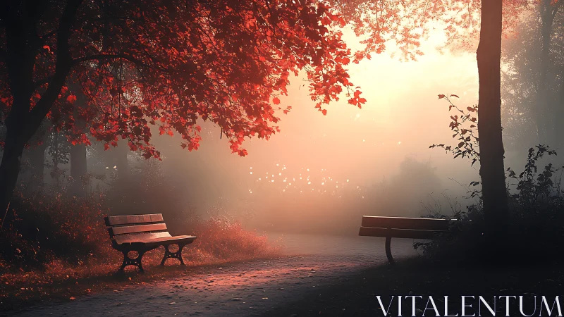 Empty park benches under red autumn trees at sunrise.