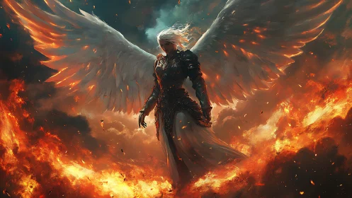 Digital painting of armored seraph amid apocalyptic firestorm.