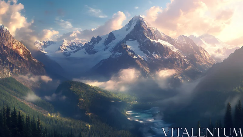 Sunlit snow peaks crown a misty emerald valley of lakes.