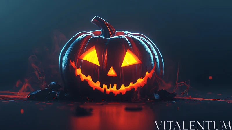 Glowing jack-o&rsquo;-lantern grins in eerie neon Halloween haze