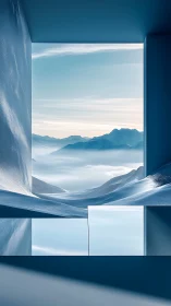 Serene window view opens onto dreamy blue winter mountains