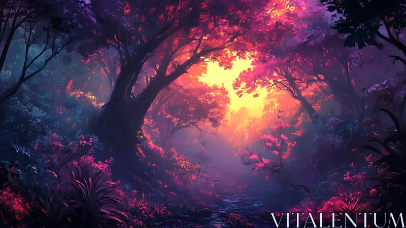 Luminous forest landscape with radiant canopy and glowing ambient lighting