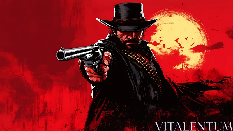 Ballistic cowboy silhouette against hyper-saturated frontier sun.