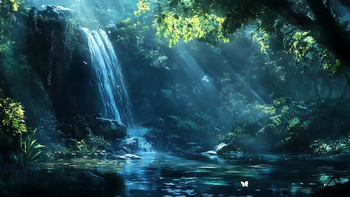 Mystical forest waterfall glows in shafts of soft sunlight.
