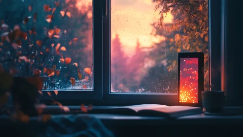 Sunset Glow: Window View with Glowing Phone Display