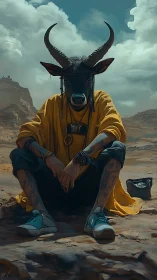 Horned desert wanderer in yellow cloak and neon sneakers.