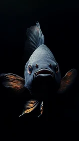 Luminous koi fish emerges from darkness in dramatic focus