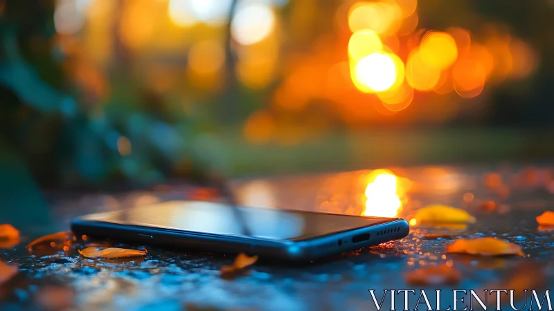 Smartphone on Wet Pavement with Bokeh Lights.