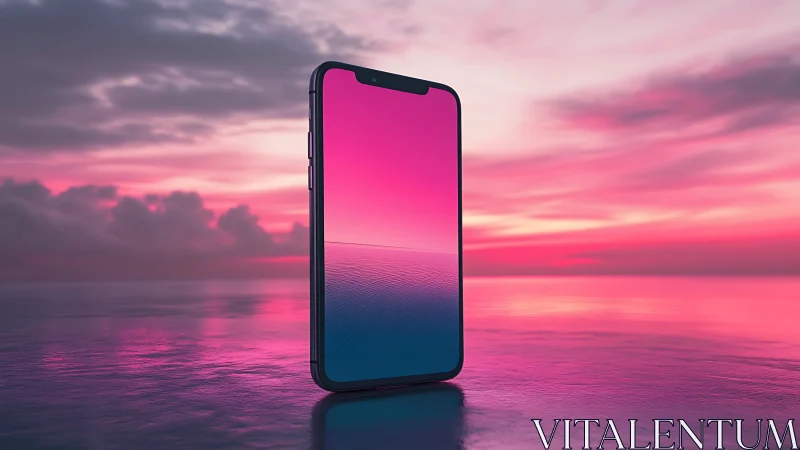 Smartphone Mockup Against Sunset Ocean Horizon.