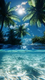 Tropical shoreline cross-section with palm trees and sunlight.