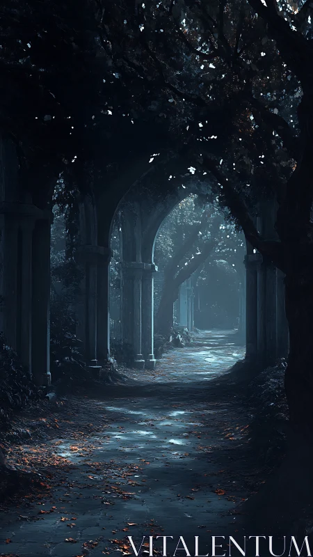 Moonlit gothic arcade with leaf strewn forest path.