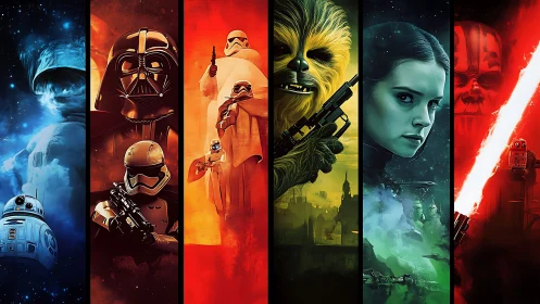 Colorful sci fi character collage in vertical panels.