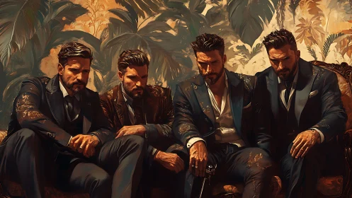 Four suited men seated against dense foliage backdrop.