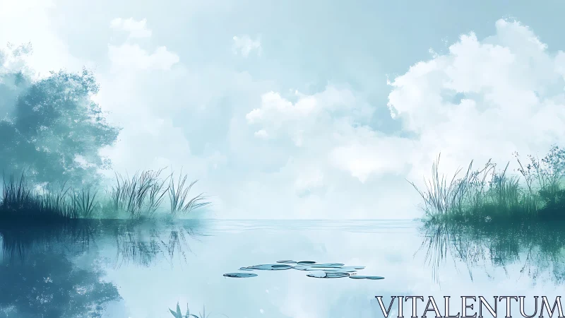 Calm lake reflects clouds, reeds, and distant foliage evenly