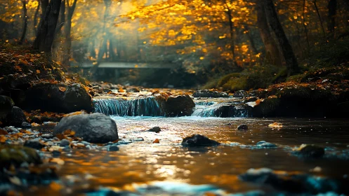 Golden forest creek glows softly under warm autumn light