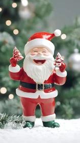 Smiling Santa figurine holds frosted trees in winter scene.