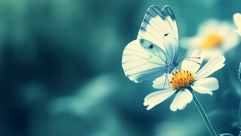 White butterfly on daisy flower in soft cyan background.