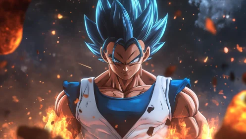 Blue-haired anime warrior stands amid fiery explosive debris