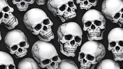 Array of digitally rendered human skulls on dark ground.