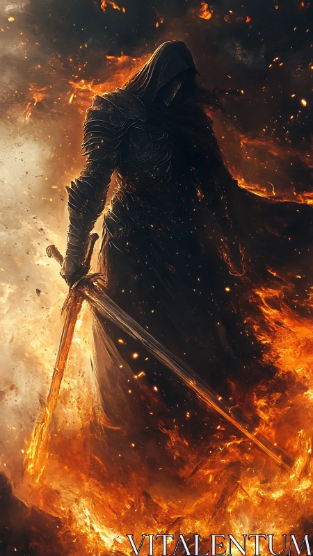 Shadowforged knight strides through a cathedral of flame.