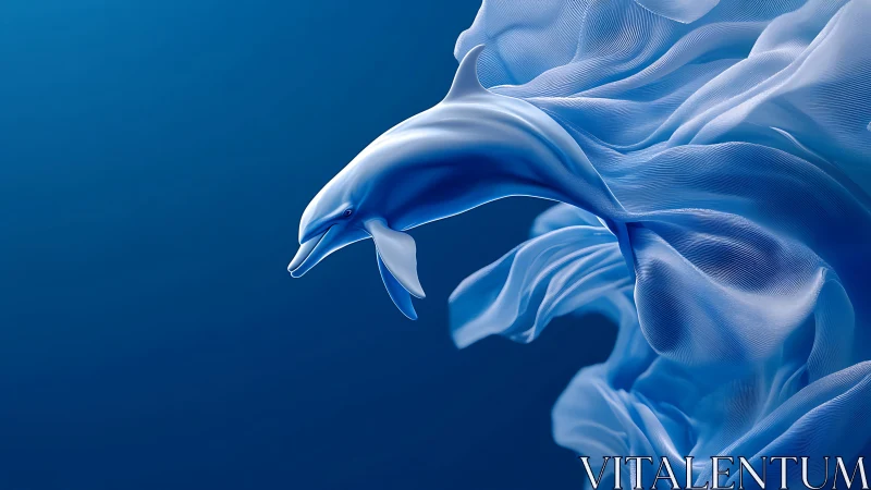 Digital dolphin emerges from translucent flowing fabric forms