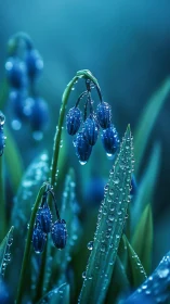 Dew-Covered Bluebells with Water Droplets.