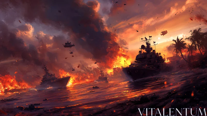 War-torn tropic inlet blazing under apocalyptic sunset skies.