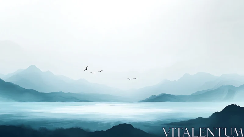 Minimalist cyan lake with layered misty mountain silhouettes