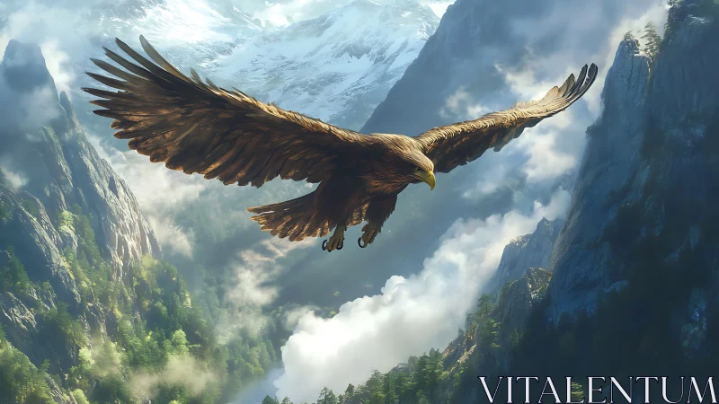 Majestic eagle soaring above misty mountain landscape, realistic style.