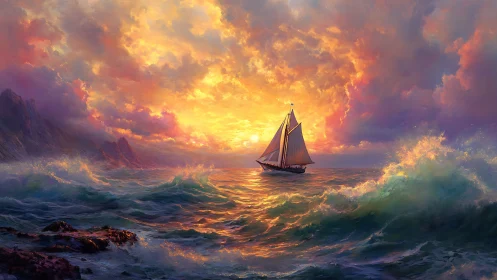 Sailing vessel silhouettes against high-saturation sunset seascape