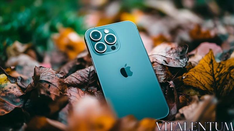Turquoise iPhone rests nestled among autumn's crumbling foliage.