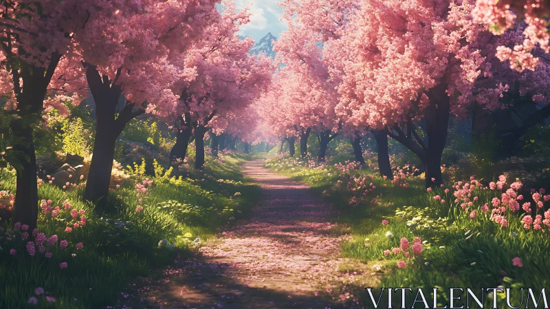 Sunlit cherry blossom path under dense pink canopy.