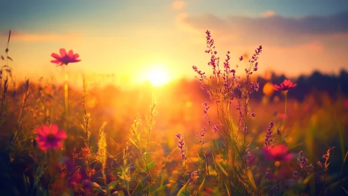 Golden meadow sunset wrapped in dreamy wildflower glow.