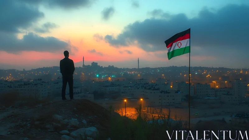 Silhouetted observer and national flag above glowing cityscape.