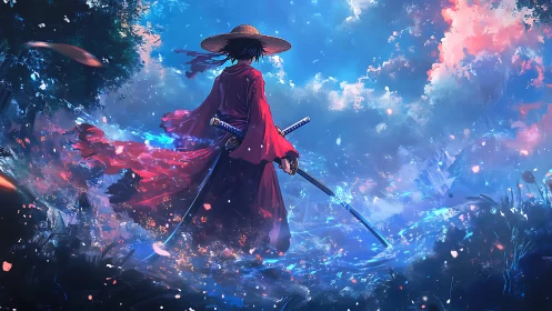 Samurai silhouette in luminous blue forest with twin katanas.