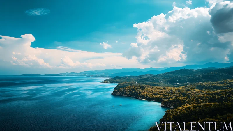 Photorealistic coastal panorama with luminous cyan seascape.