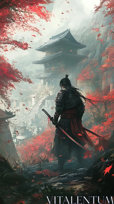 Digital painting of lone samurai before misty temple ascent.
