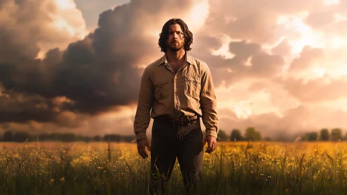 Man standing in sunlit field under large storm clouds.