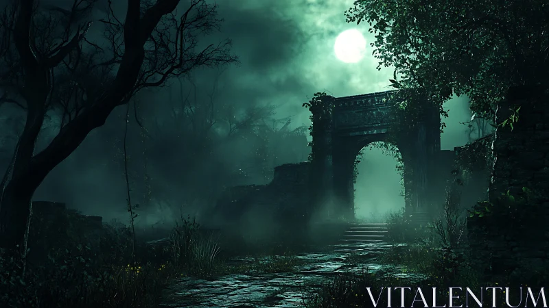 Moonlit stone arch stands in misty, overgrown forest ruins