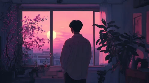 Solitary figure watching magenta sunset through window frame.