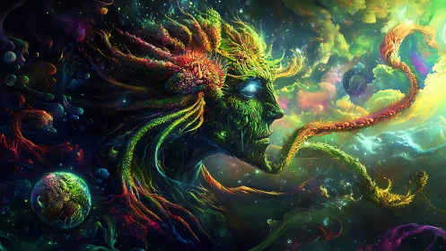 Cosmic forest spirit merges with nebula lit galaxies.