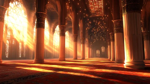 Digital palace interior with radiant volumetric sunbeams rendered.