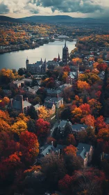 Historic riverside town under dramatic autumn skies