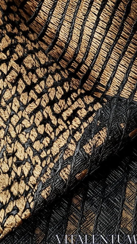 Gold and black woven textile shows rich layered structure.