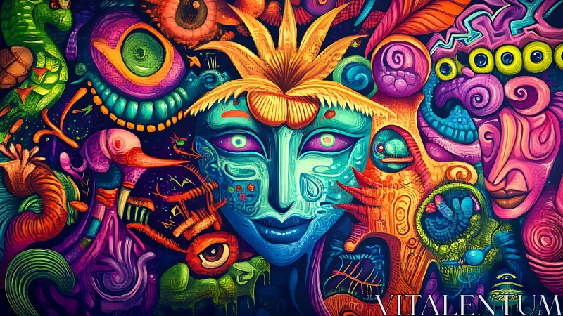 Psychedelic mask portrait merges tribal motifs and neon creatures