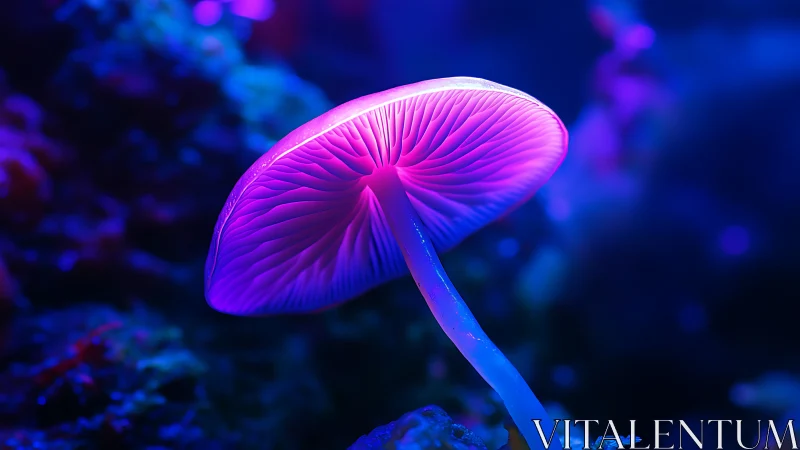 Glowing neon mushroom casting soft light in dreamy blues.