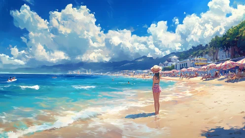 Sunlit beach day welcomes a thoughtful seaside wanderer