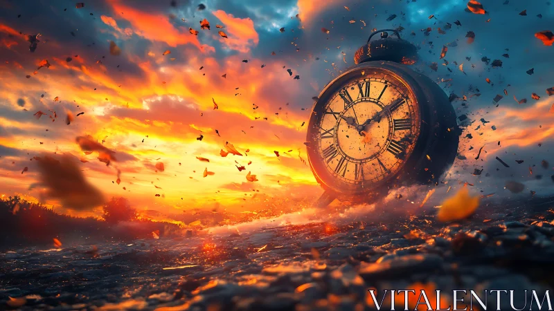 Stormlit clock shatters through a burning sunset sky of time.