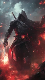 Dark fireblade rogue in cinematic fantasy digital painting.